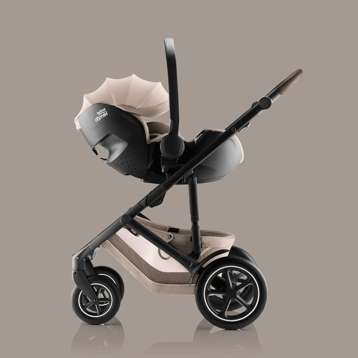 Britax Römer SMILE 5Z Kinderwagen zur Demonstration der Travel-System-Kompatibilität mit Babywanne und Babyschale